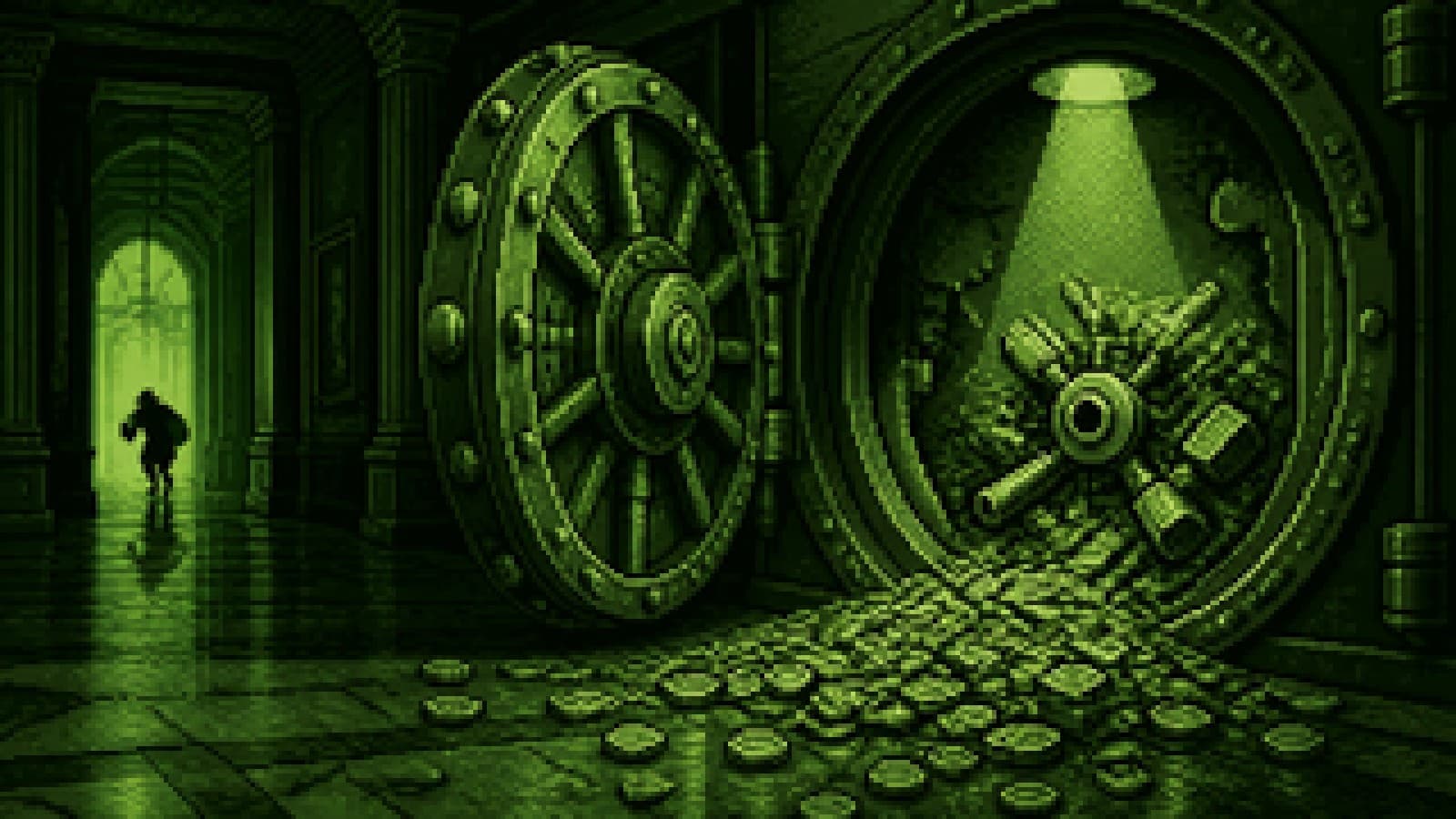 An open vault door with a spotlight on its broken internal lock while a shadowy figure escapes in the background