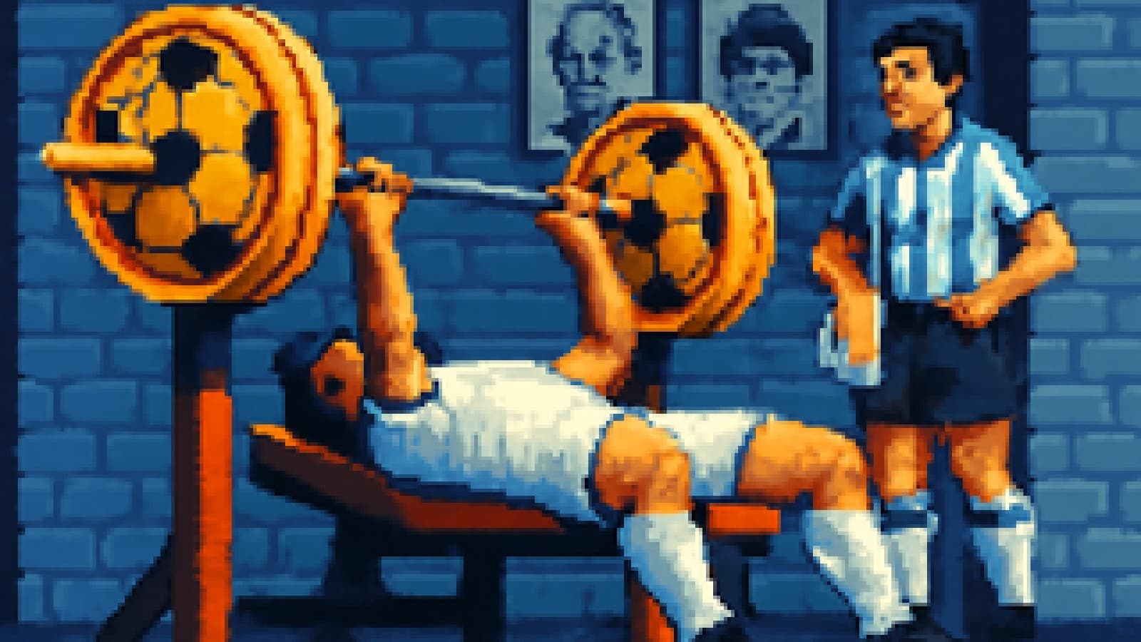 Pixel-art footballer bench-pressing a barbell of golden footballs while a rival in striped kit waits beside the rack