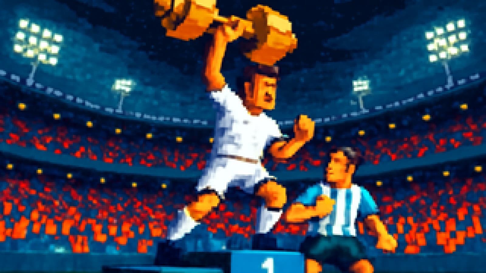 Pixel-art footballer lifting a golden dumbbell on a stadium podium with a rival one step below and a cheering crowd