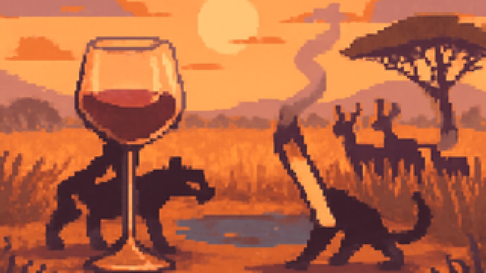 Pixel-art scene of a wine glass and a cigarette shaped like wild animals facing off at a dusky waterhole as a herd looks on