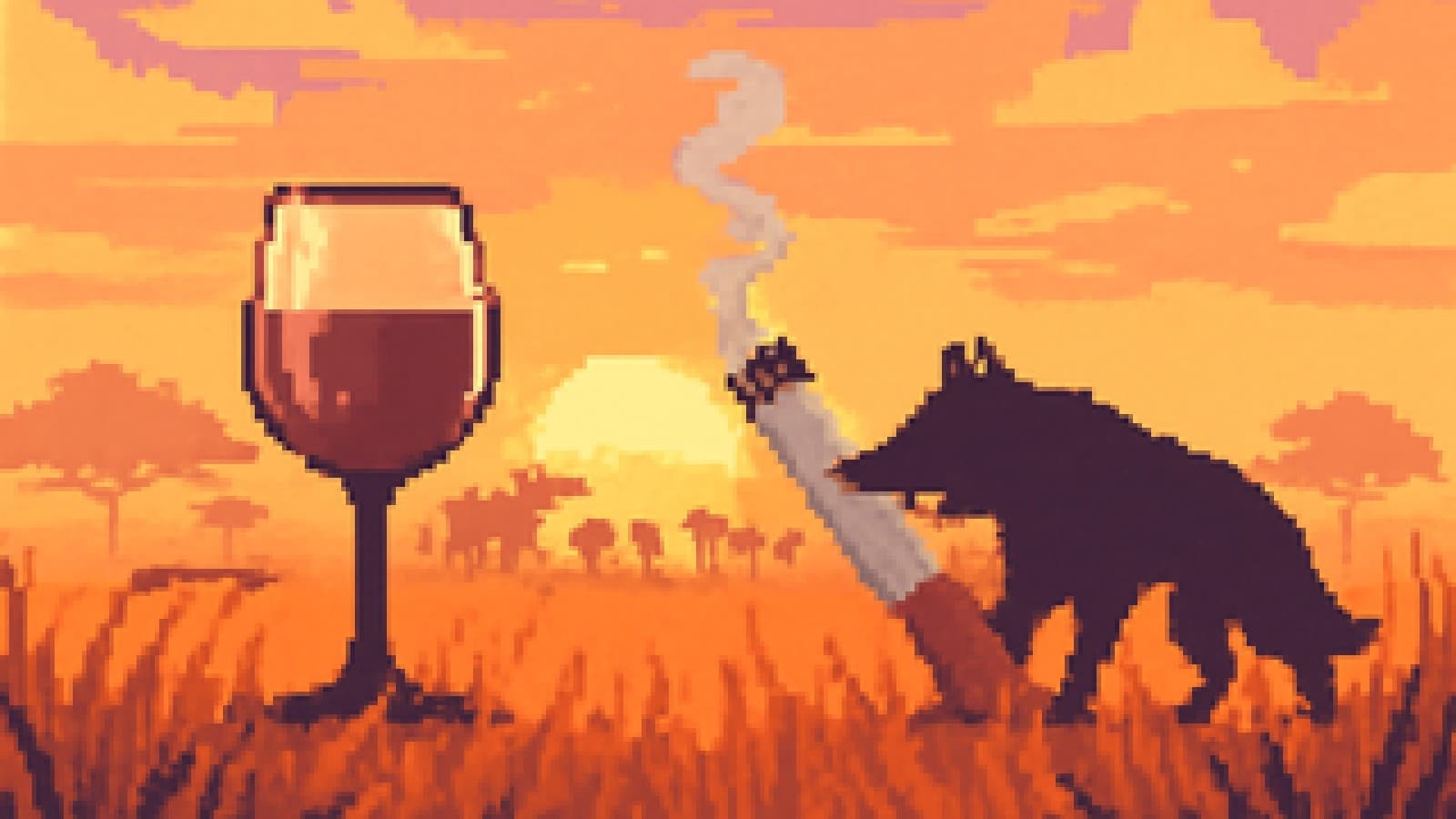 Pixel-art wine glass and cigarette posed like rival predators facing off on a sunset savanna