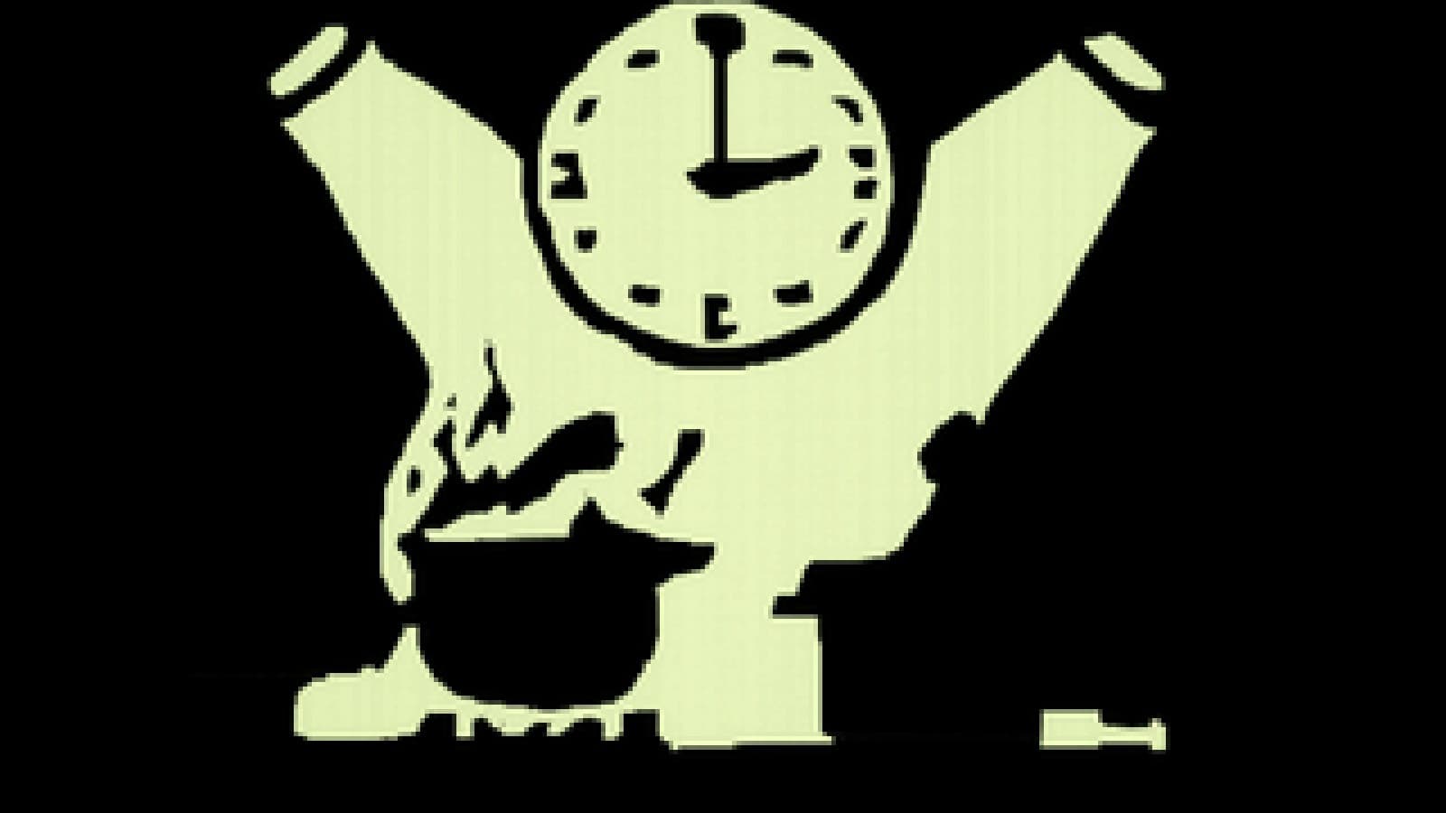 Pixel-art cooking show set with a bull-themed station and a bear-themed station competing side by side under a big kitchen clock.