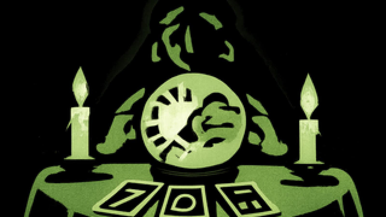 Pixel-art crystal ball showing a bright sun and a weary grey cloud, surrounded by tarot cards and candles
