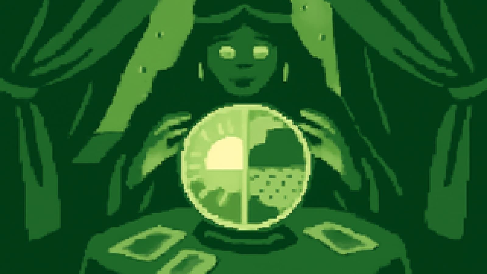 Pixel-art crystal ball split between a bright sun and a gloomy storm cloud on a fortune teller's velvet table