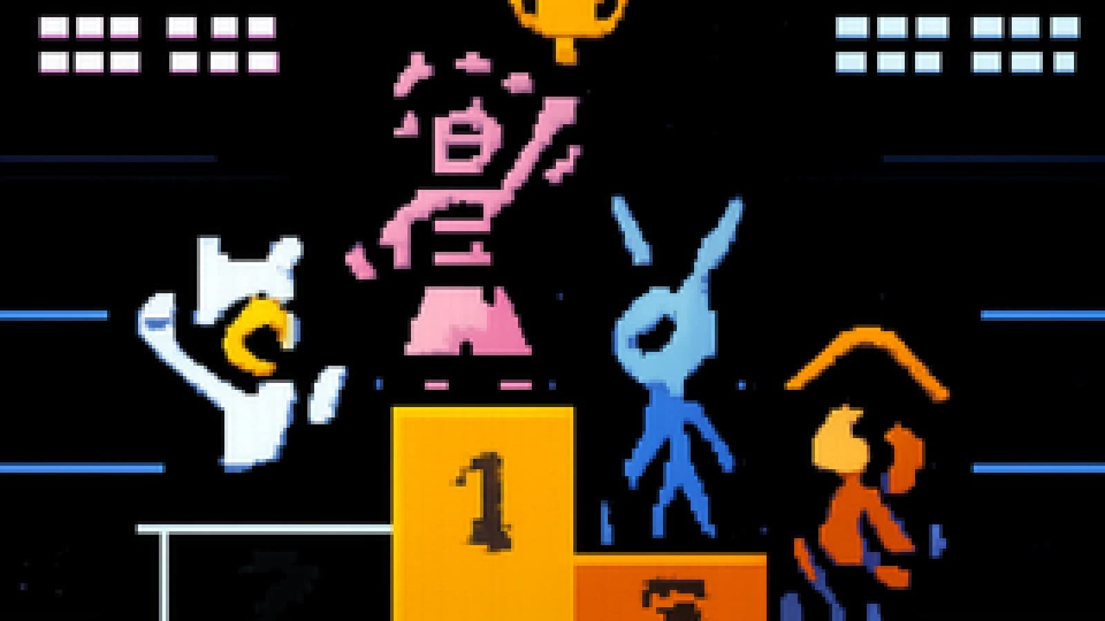 Pixel-art podium with a pink shrine-maiden character holding a trophy, a white fox-eared character in second place, and rabbit-eared and pirate characters watching nearby