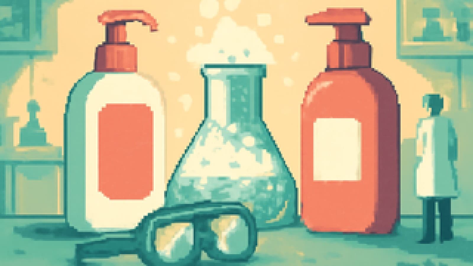 Pixel-art lab bench with two large unlabelled shampoo bottles facing off as bubbles rise into a beaker