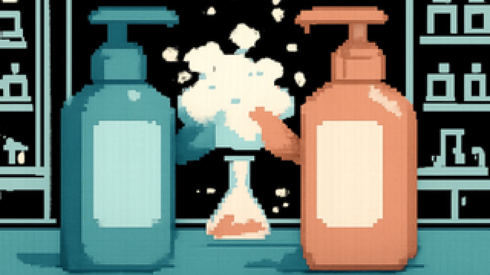 Pixel-art illustration of two giant shampoo bottles squaring off on a lab bench amid clouds of foam