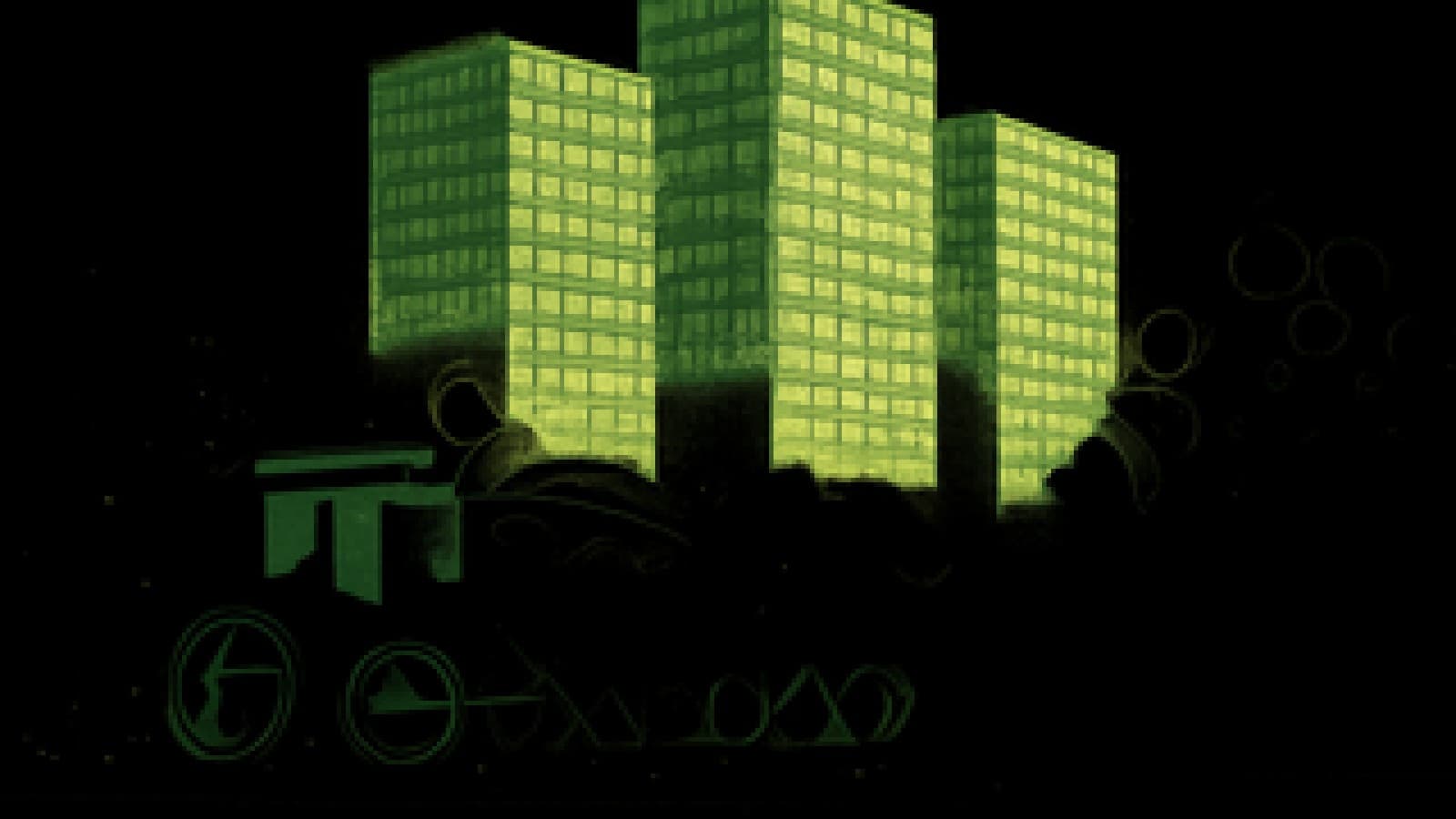 Pixel art of a stagecoach speeding past tall bank towers while a small crowd of traders cheers from a hill.