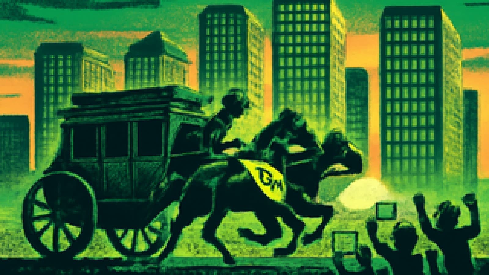 Pixel art of a victorious stagecoach galloping past towering bank skyscrapers while crypto traders cheer.
