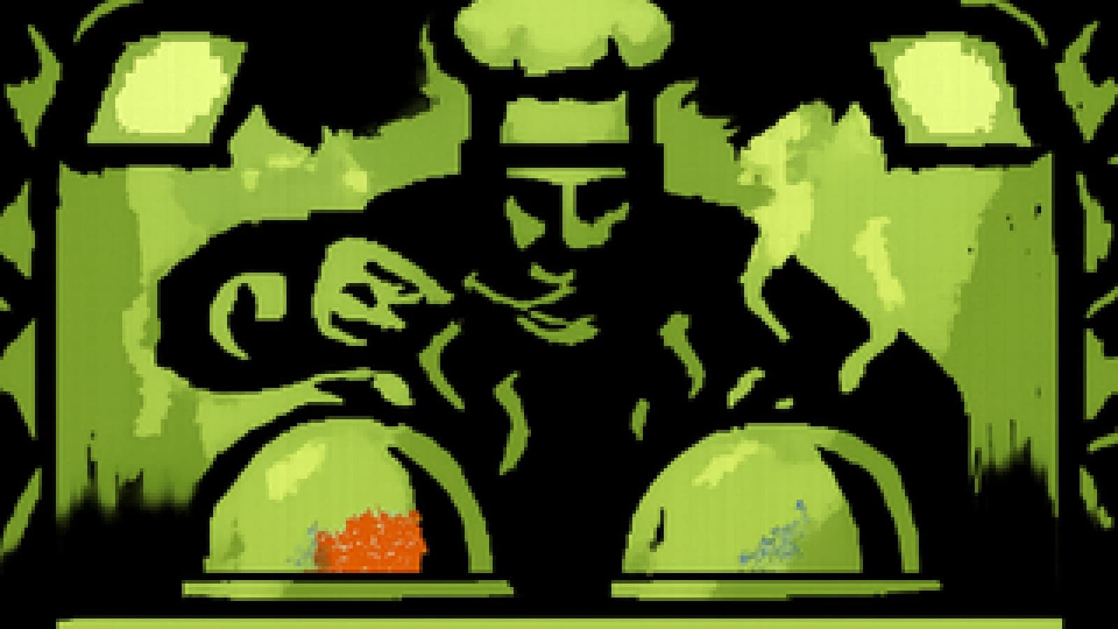 Pixel-art judge in a chef's hat deciding between two glowing silver cloches on a cooking-show stage