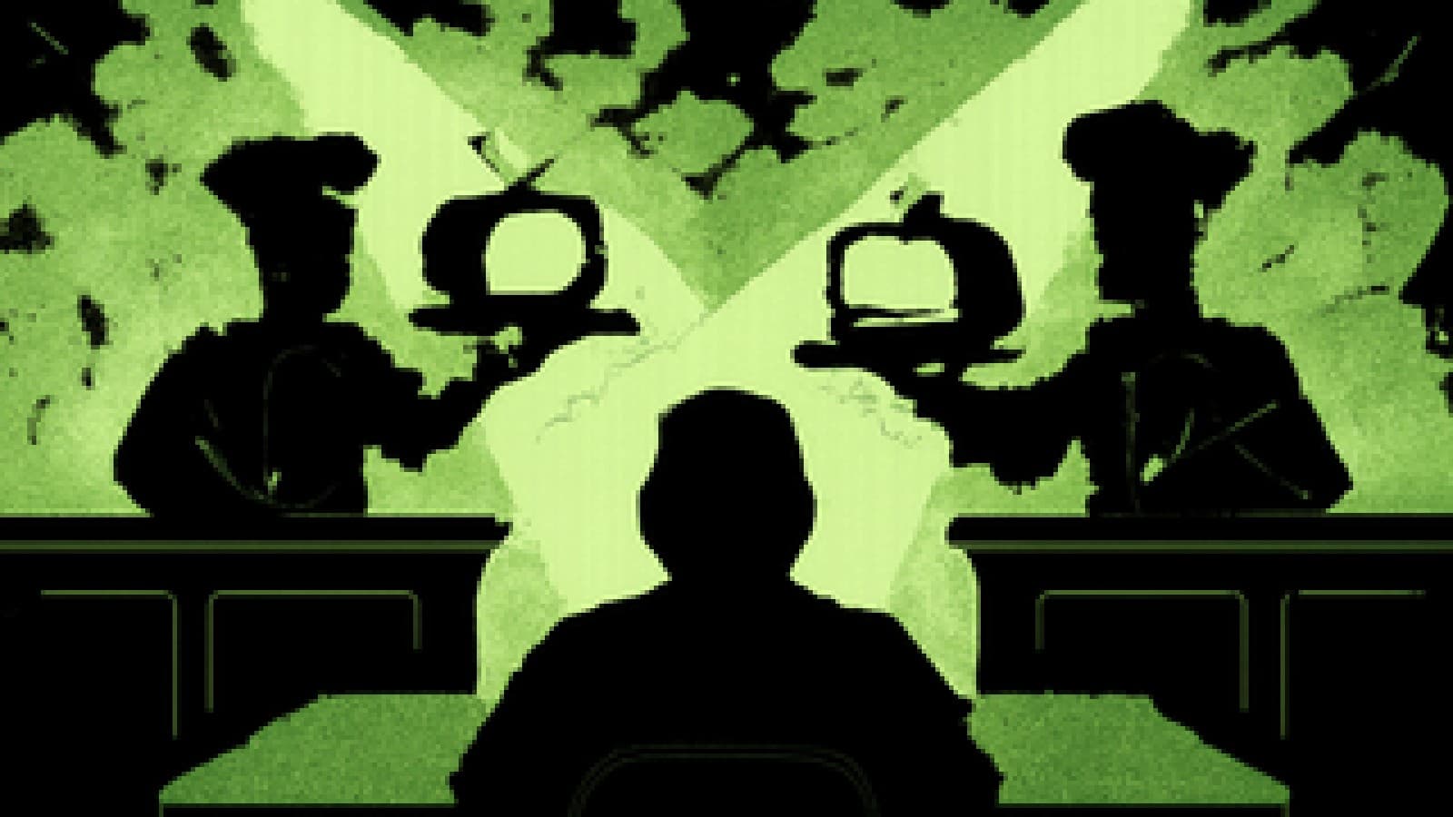 Pixel-art cooking-show stage where two rival stations serve glowing TV screens on silver platters to a judging table