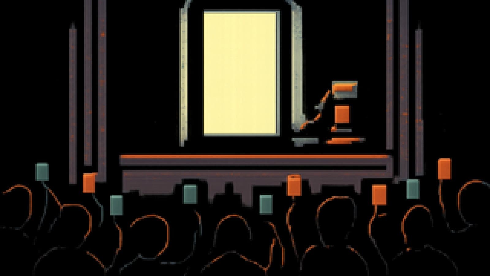 Pixel-art courtroom where a glowing smartphone sits as judge while a crowd holds up voting cards.