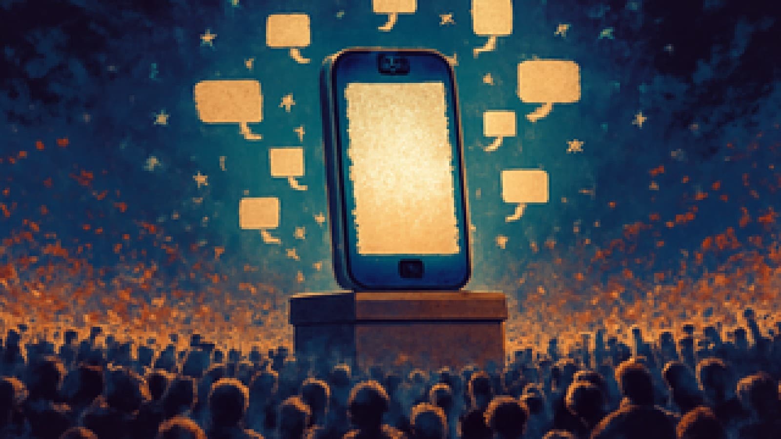 Pixel-art illustration of a glowing smartphone on a pedestal giving off speech bubbles above a cheering crowd.