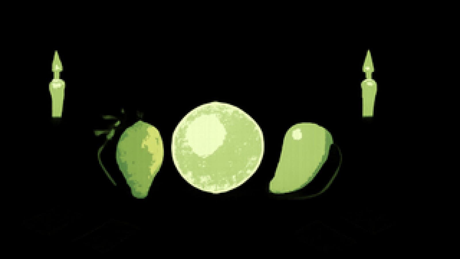 A pixel-art strawberry and mango face off across a glowing crystal ball in a candlelit fortune teller's tent.