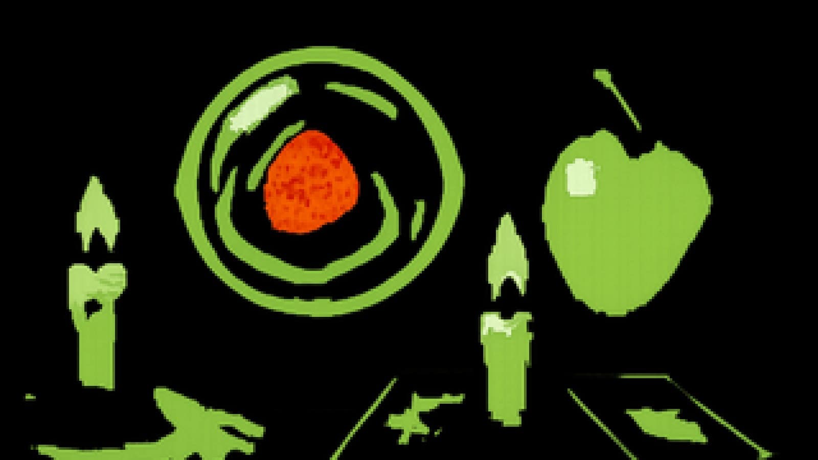 Pixel-art crystal ball holding a strawberry, with a glowing mango and tarot cards beside it.