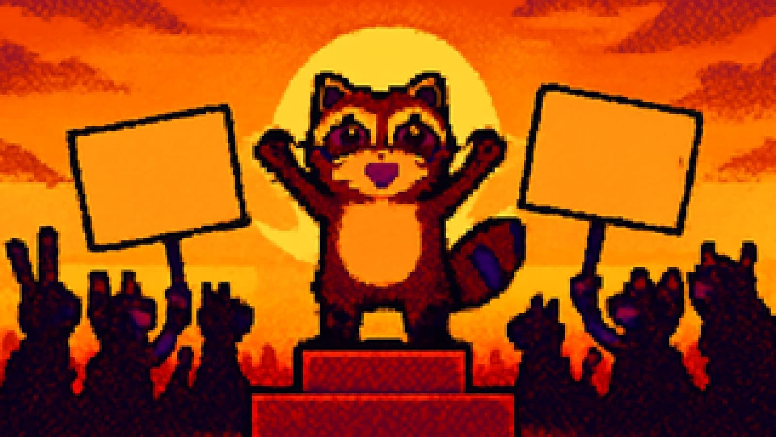 pixel-art raccoon on a podium between two small crowds holding blank signs