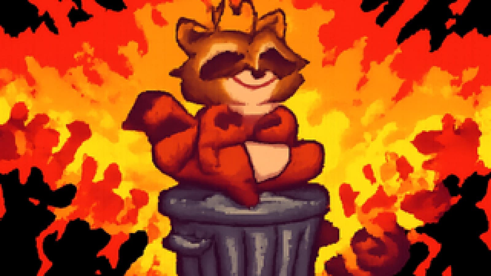 pixel-art raccoon with a crown on a trash-can throne, cheered by two rival crowds