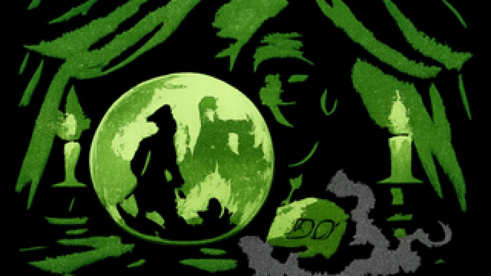 Pixel-art crystal ball showing a knight at a bonfire, with a glowing die fading into the mist next to it.