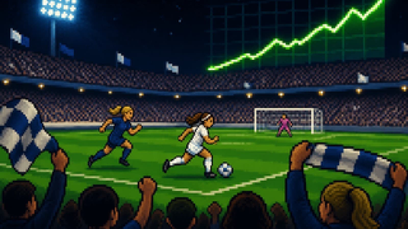 Illustration of a women's football player in white racing ahead of a pursuer in navy under stadium lights, with a rising line graph in the sky.