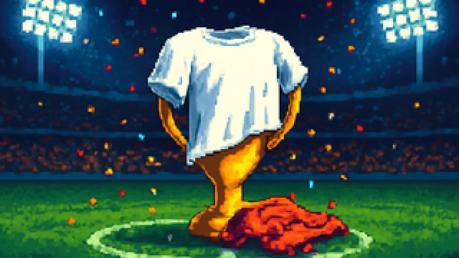 A white football shirt draped over a trophy on the pitch beside a red shirt, under stadium floodlights