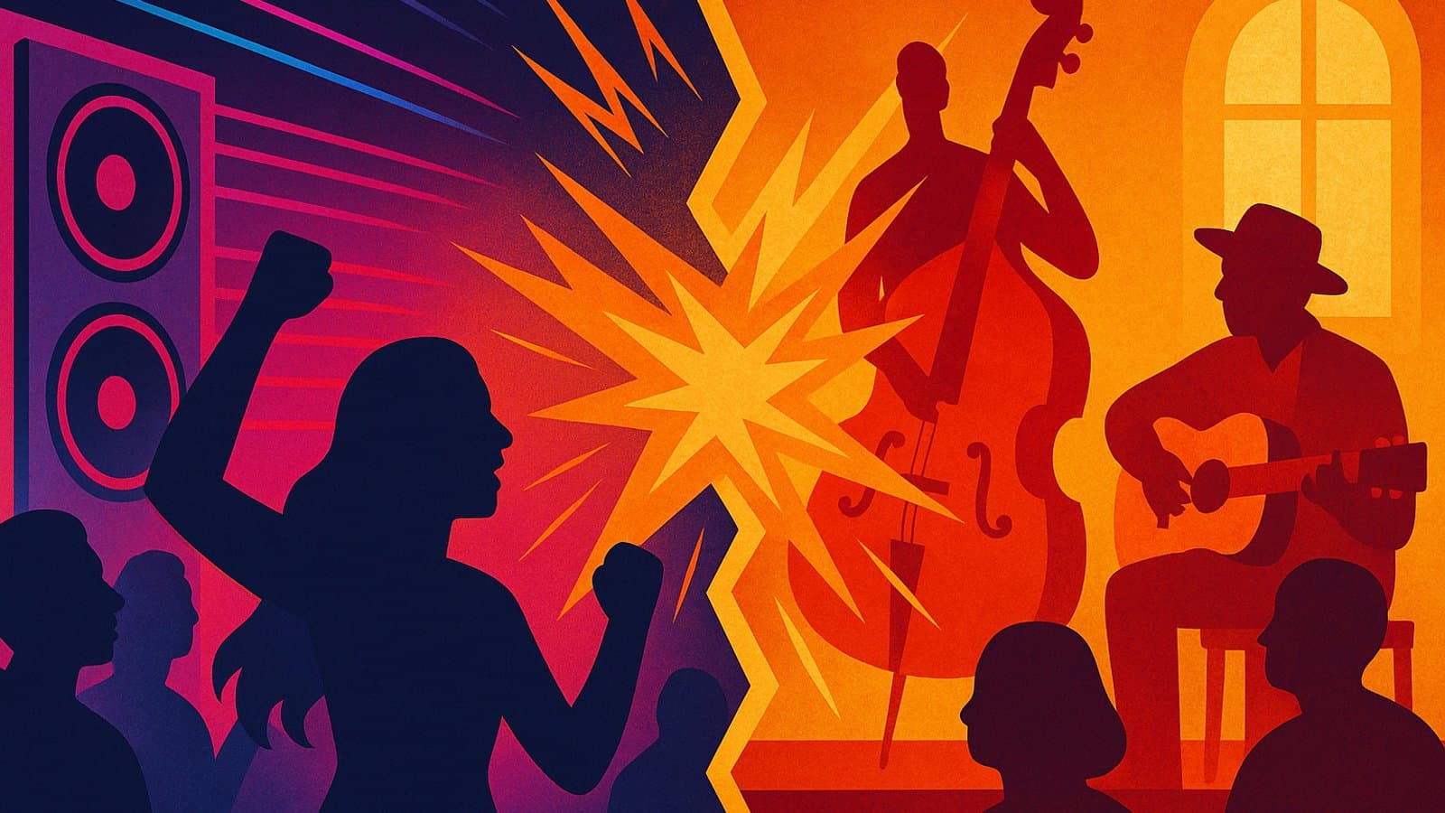 Illustration of a neon club stage with bass speakers facing off against a warm acoustic stage, with sound waves colliding between them
