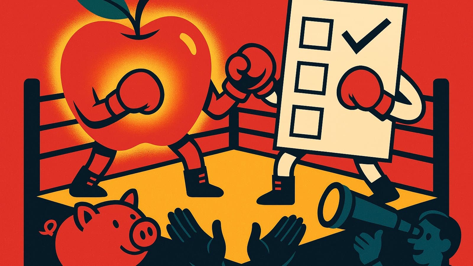 Cartoon boxing match between an apple for health and a checklist for habits, with a piggy bank, helping hands and a telescope watching from ringside