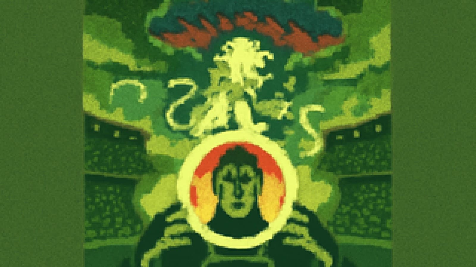 A crystal ball showing a roaring lion rising over a smoky stadium as a striped storm cloud fades away