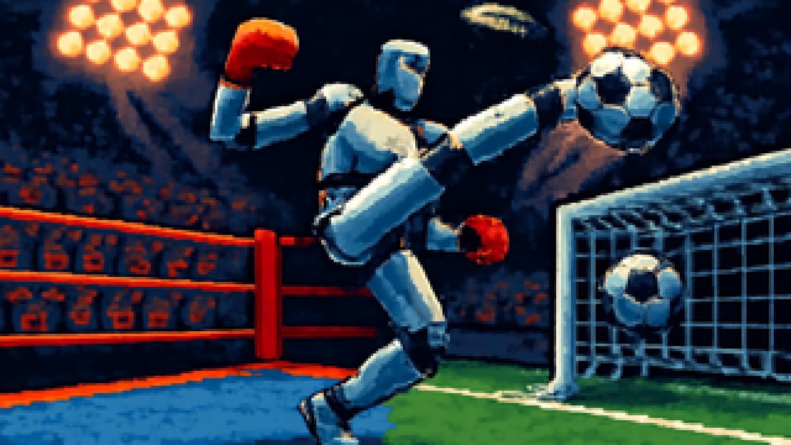 A humanoid robot caught between a kickboxing ring and a soccer goal in a roaring stadium