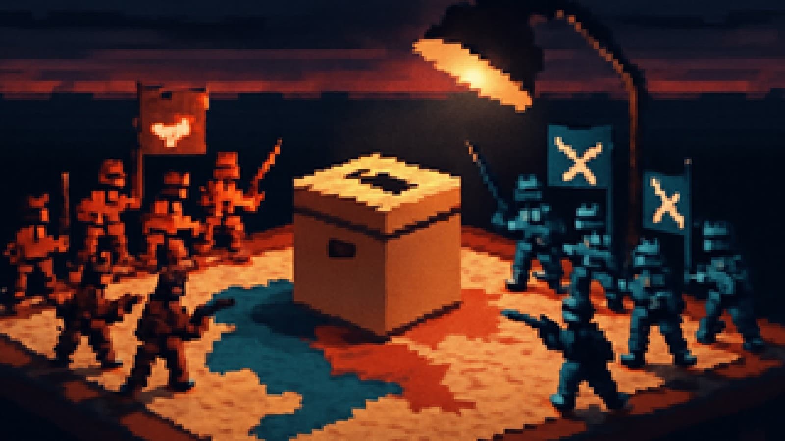 Toy soldiers lined up in two opposing camps around a model ballot box on a lamplit war map table