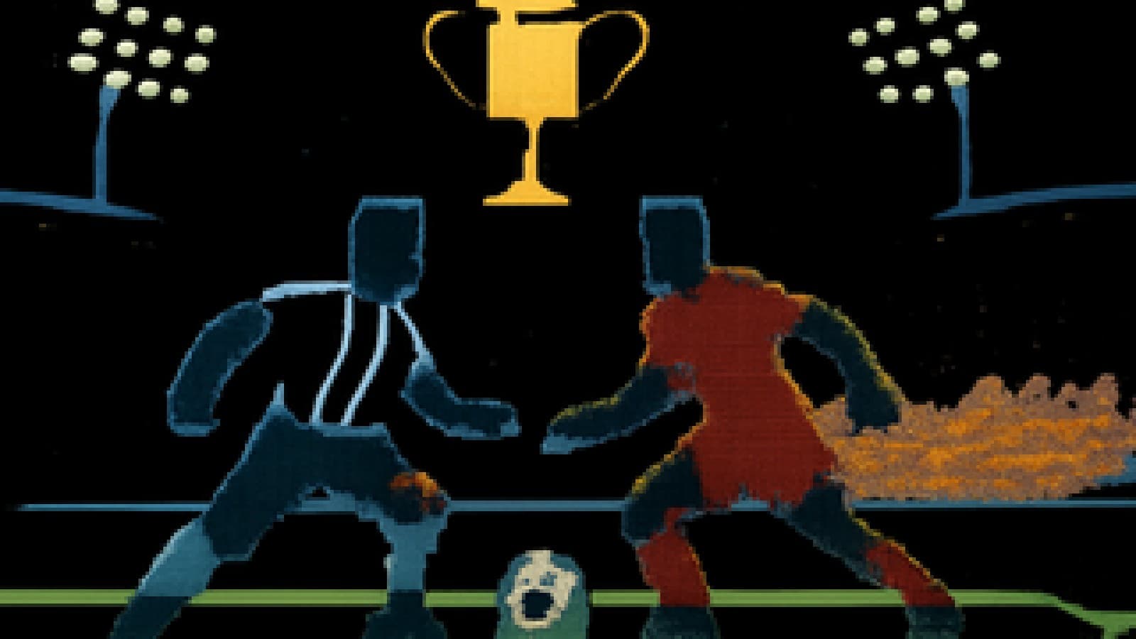 Pixel-art stadium showdown between two footballers at the centre spot under a floating golden trophy