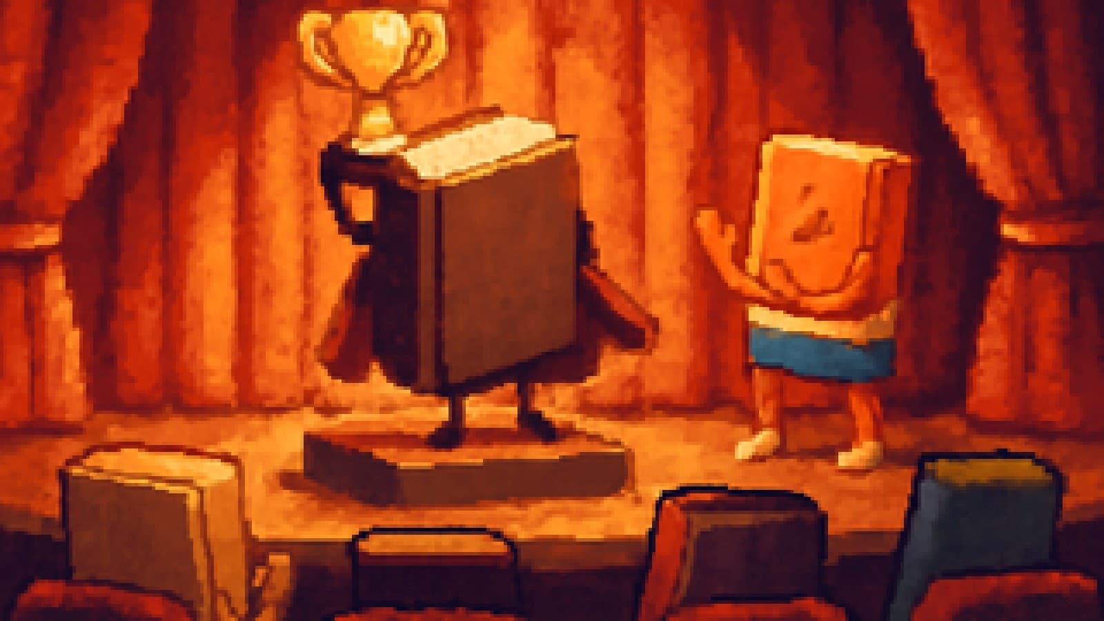 Pixel-art awards show with a novel holding a trophy while a self-help book claps beside it