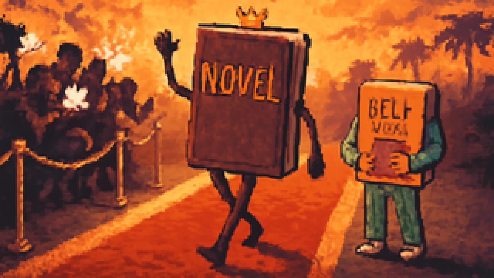 Pixel-art illustration of a crowned novel on a red carpet with a self-help book watching beside it