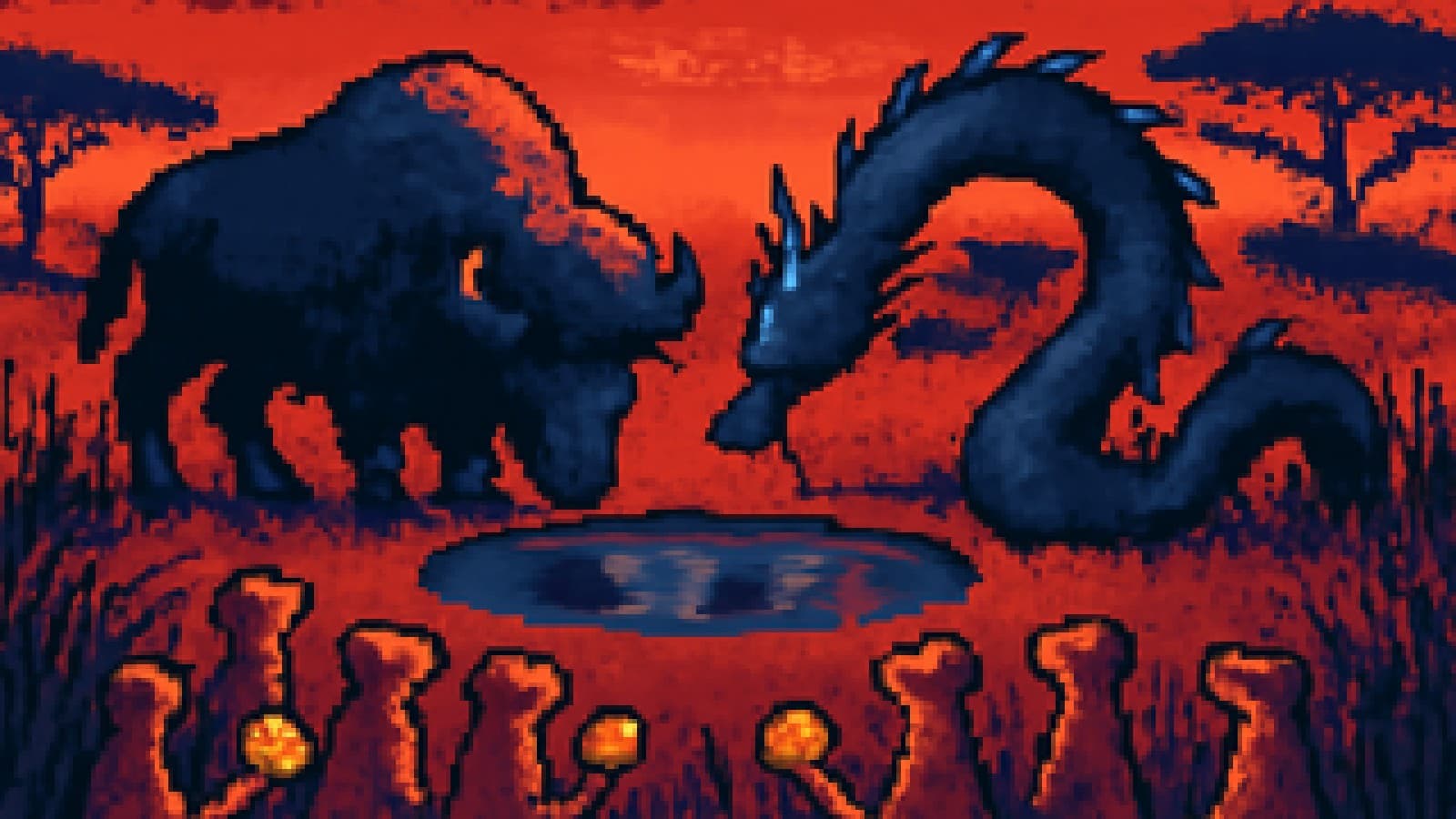 Pixel-art bison and dragon drinking from the same waterhole while meerkats holding coins watch.