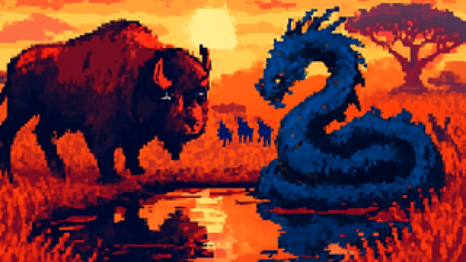 A bison and a dragon facing each other across one waterhole at dusk, in pixel art.