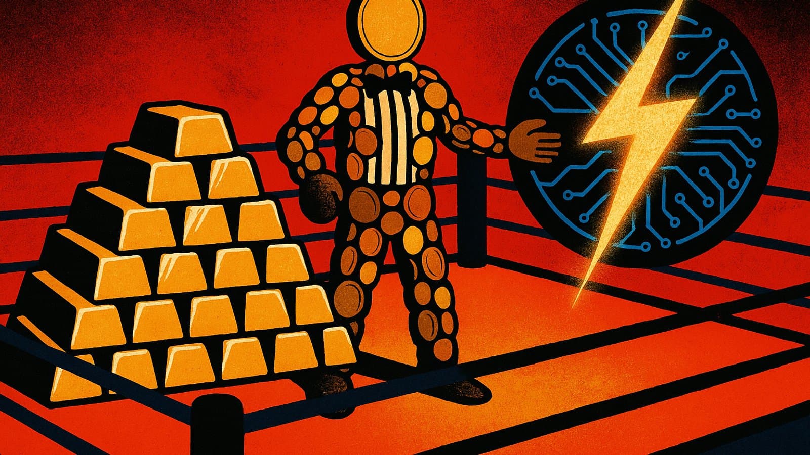 Illustration of gold bars and a glowing energy bolt facing off in a boxing ring, with a coin-shaped referee between them