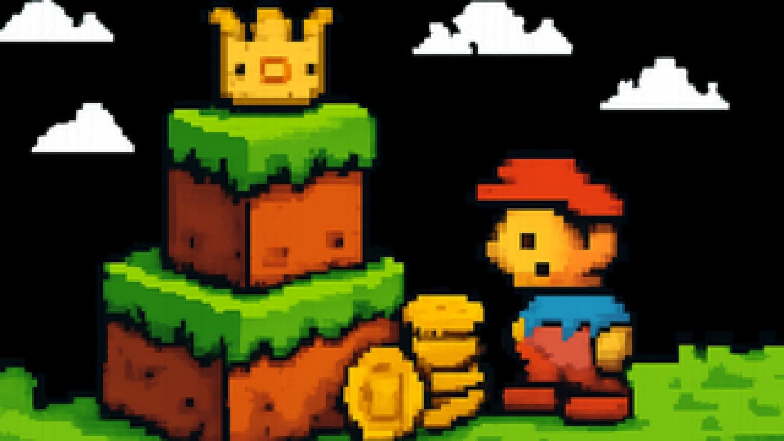 A crown resting on a grassy block throne while a rival blocky character looks on beside a pile of coins