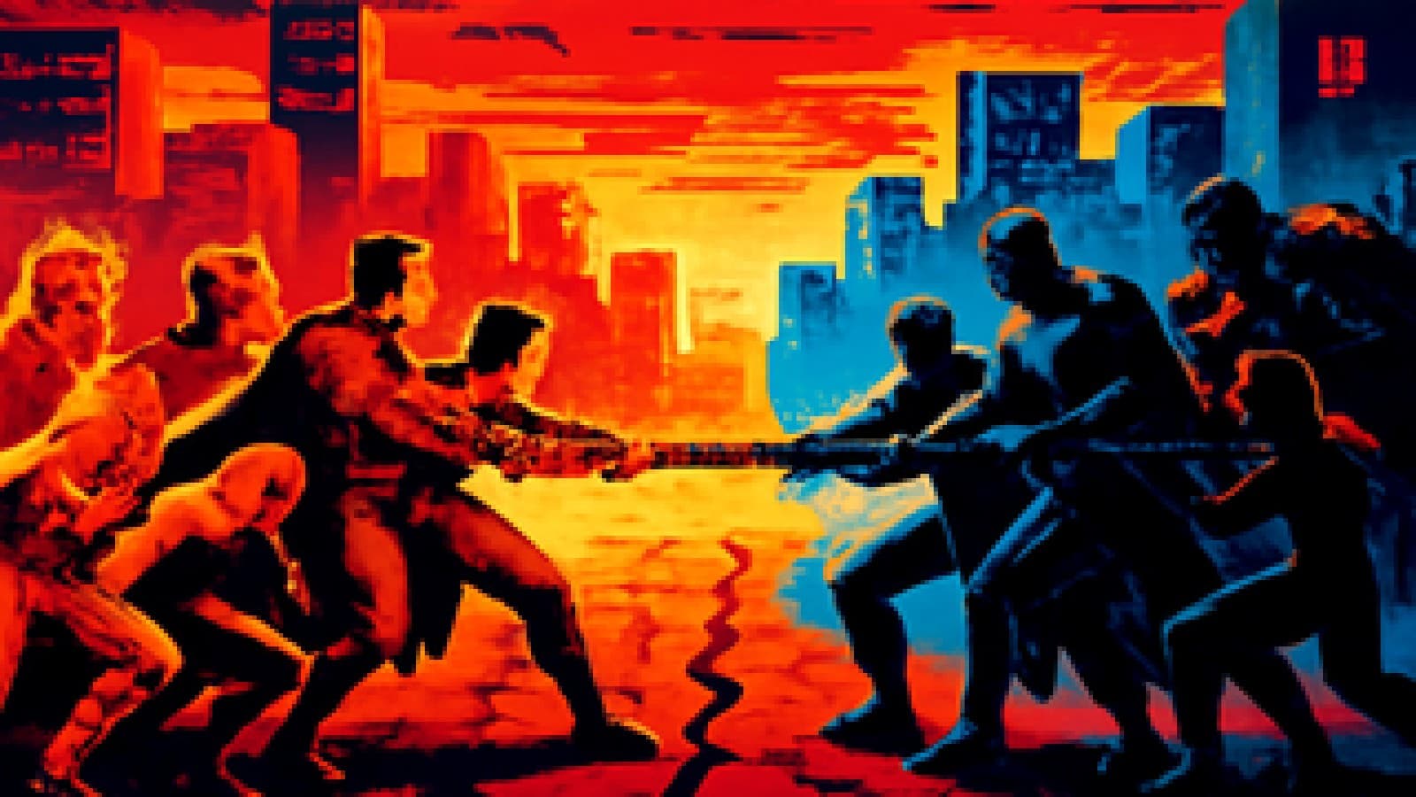 pixel-art tug-of-war between two generic superhero teams in a city street, the red-and-gold side slightly winning