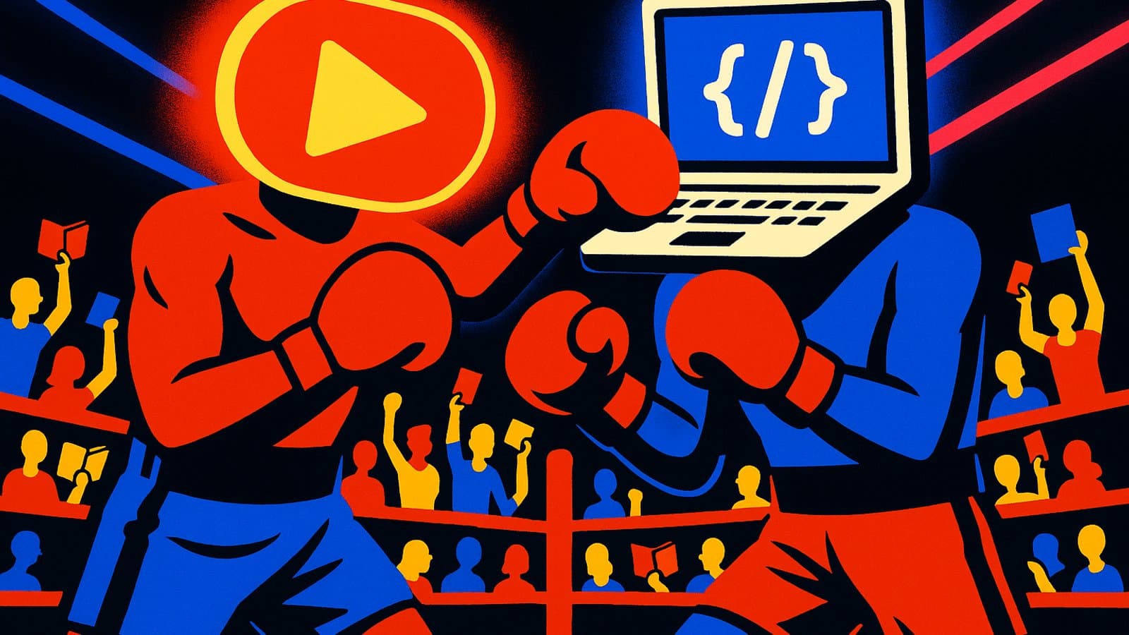 Cartoon boxing match between a video play-button fighter and a laptop code fighter as a crowd cheers