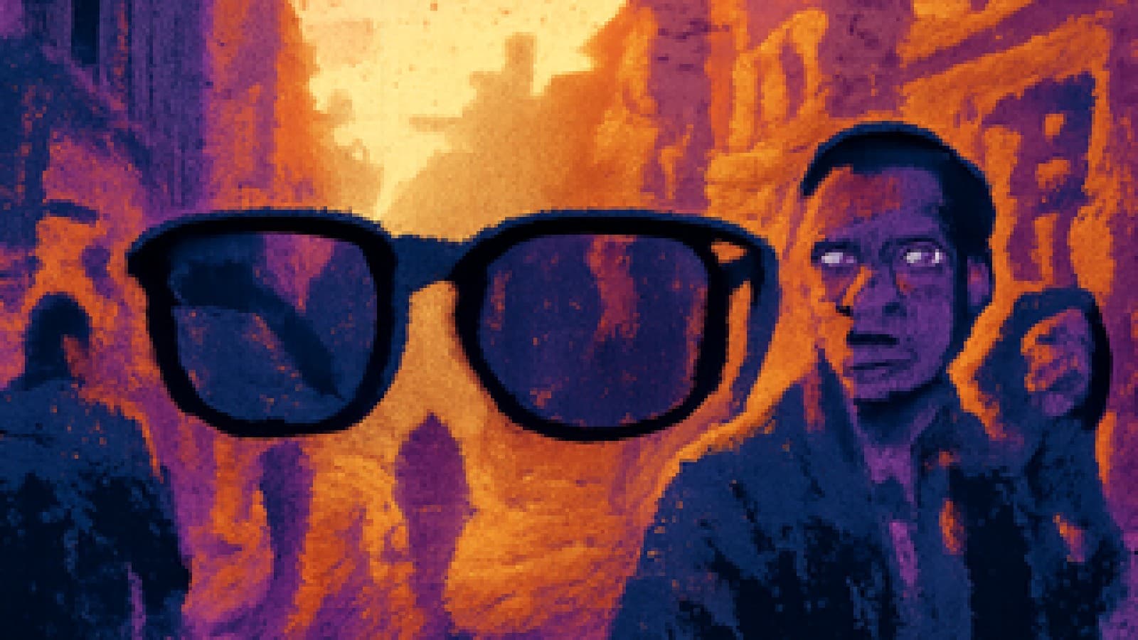 Pixel-art sunglasses with a small glowing recording light, with nervous pedestrians in the background