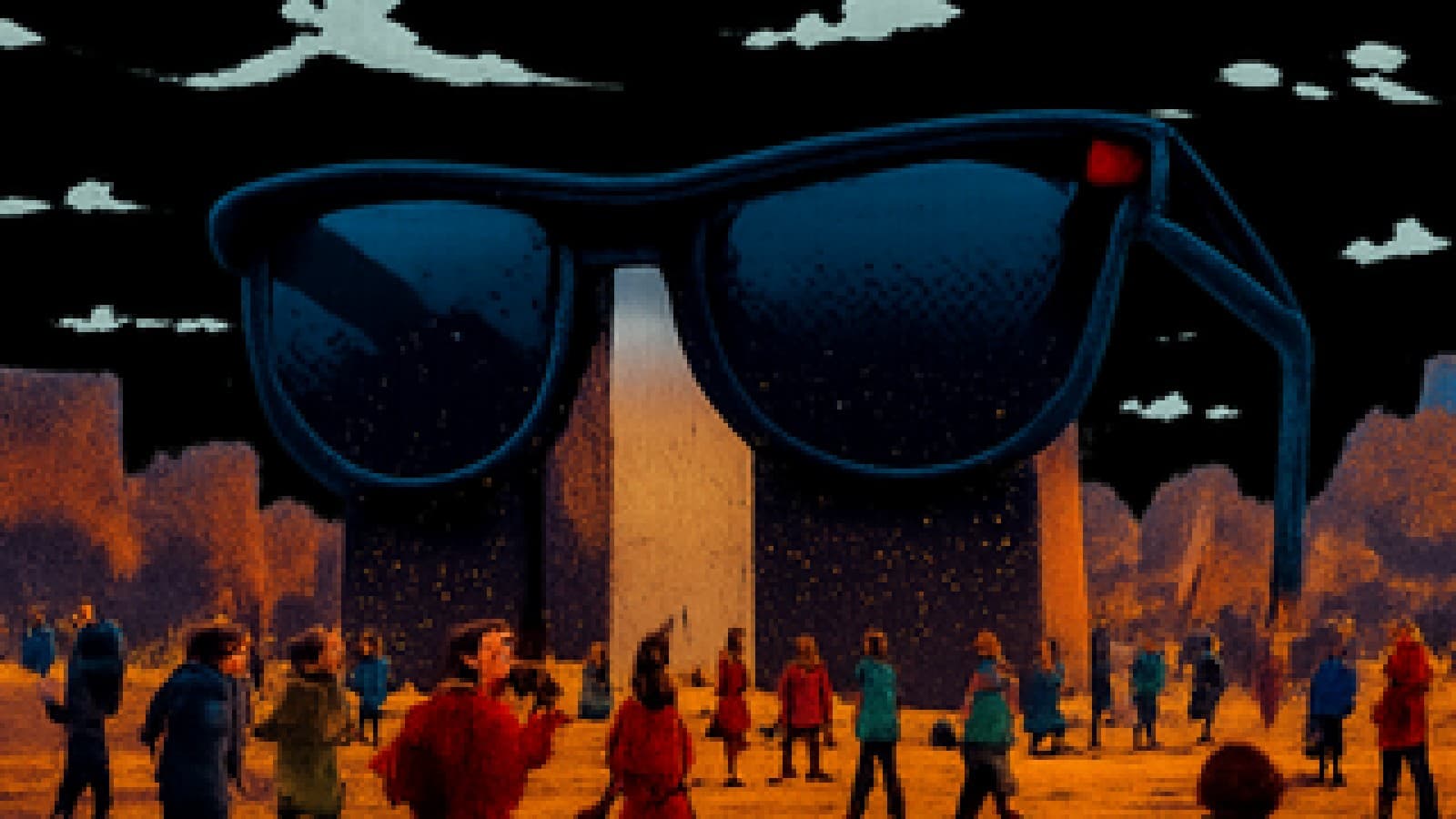 Pixel-art giant smart sunglasses with a glowing red recording light looming over a crowded plaza