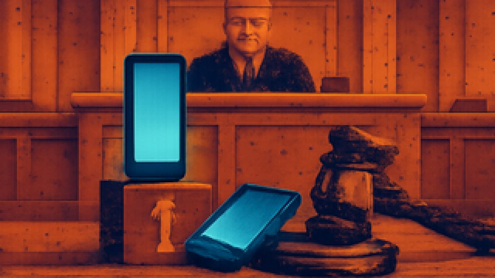 Pixel-art courtroom with two generic smartphones, one on a winner's podium and one a step below.