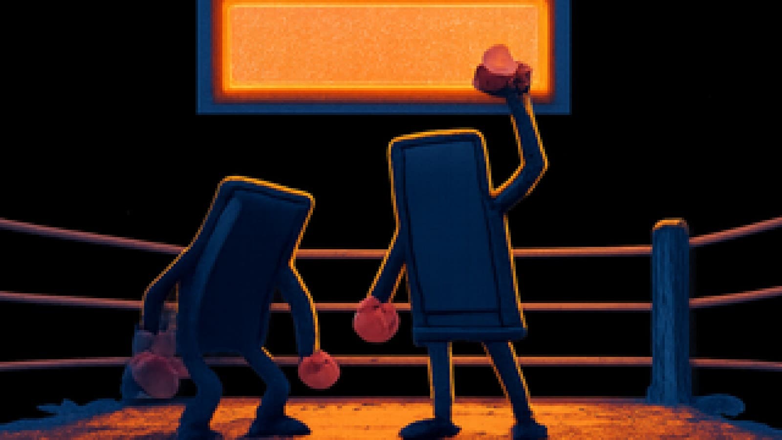 Pixel-art boxing ring where one generic smartphone celebrates victory over another.