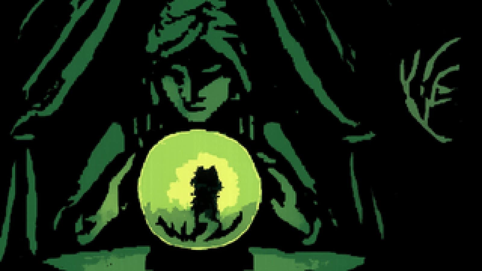 Pixel-art crystal ball showing a tango couple on grasslands while carnival feathers float away into mist.