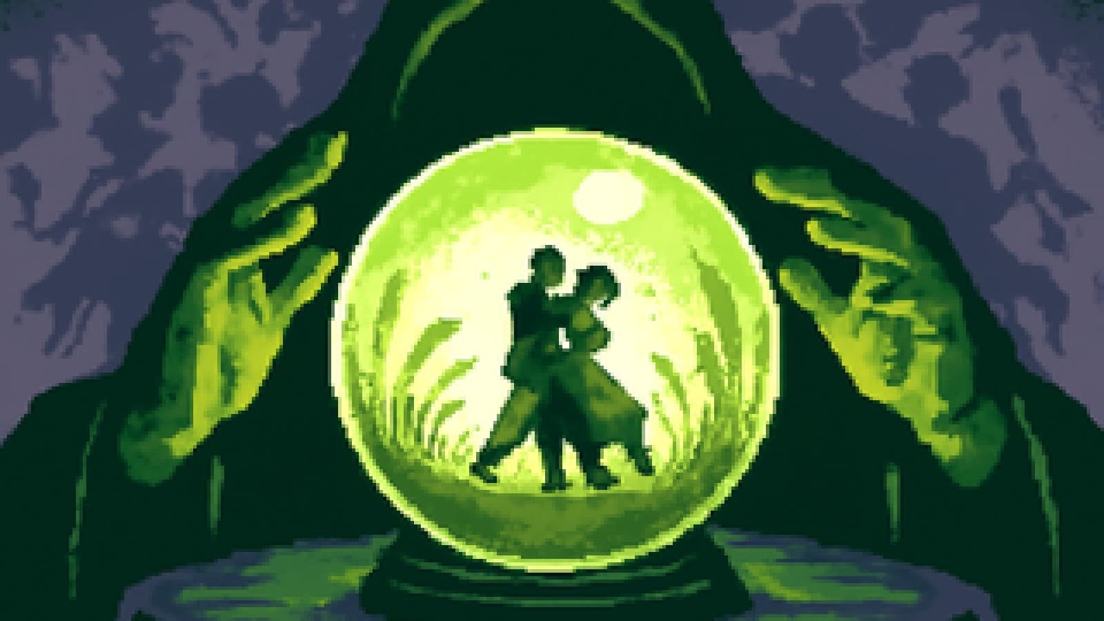 Crystal ball showing a tango couple on Argentine plains, with a carnival parade fading into mist behind it.