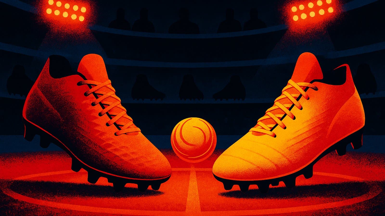 Two glowing football boots face off on a floodlit pitch while three more boots wait in the shadows
