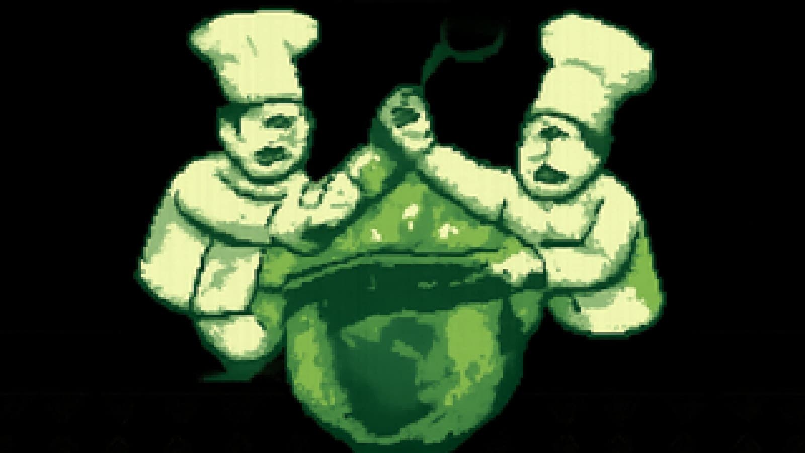 Pixel-art of two chefs fighting over a ladle above a cauldron of diesel in a globe-shaped kitchen