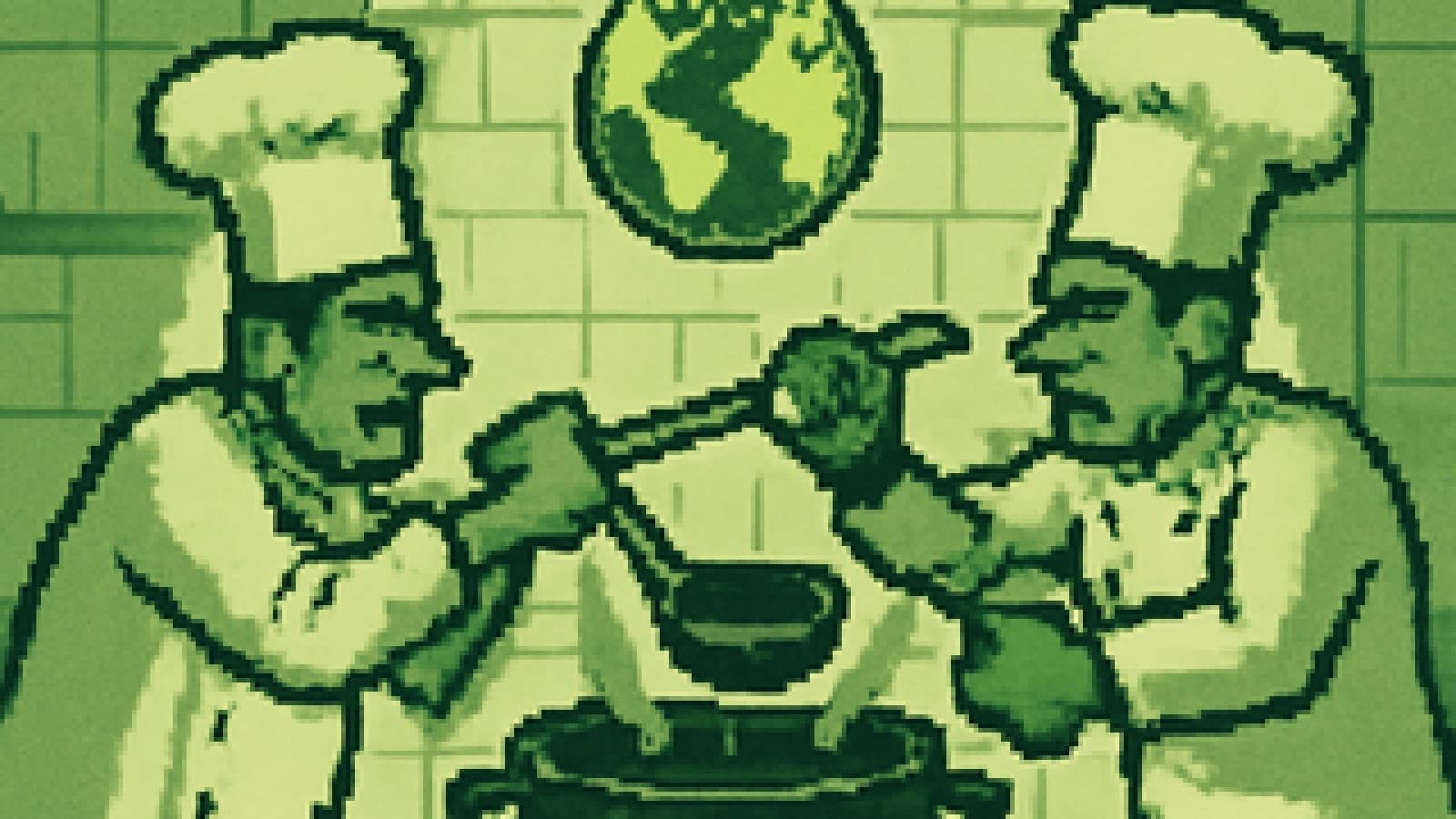 Two pixel-art chefs pulling at one ladle over a diesel cauldron under a globe