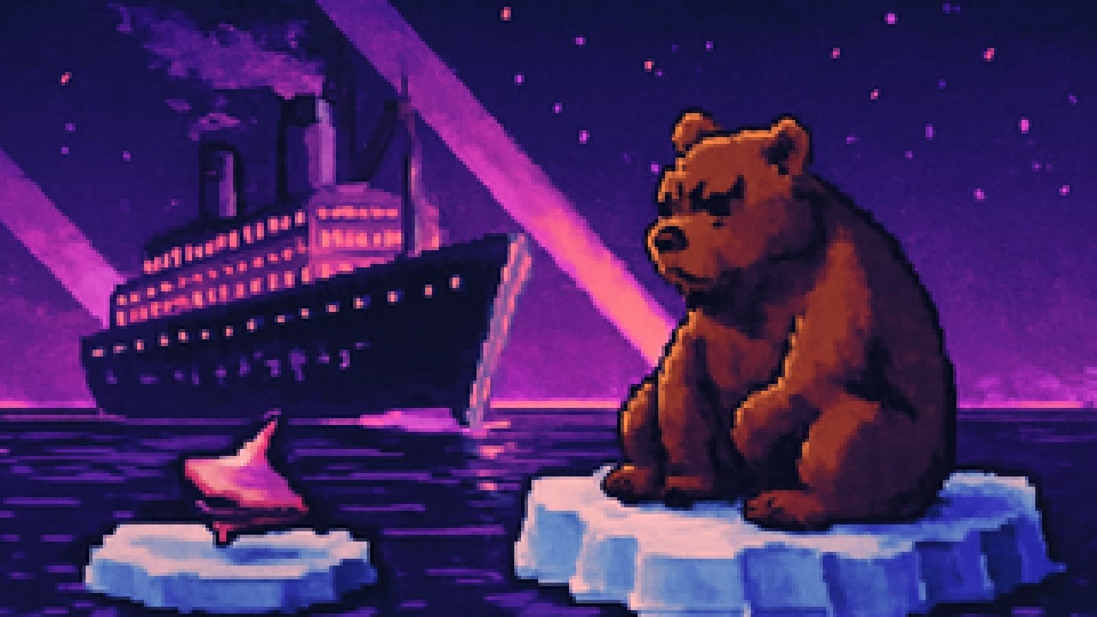 pixel art of an ocean liner sailing past a sulky bear on an iceberg while a spinning top wobbles nearby
