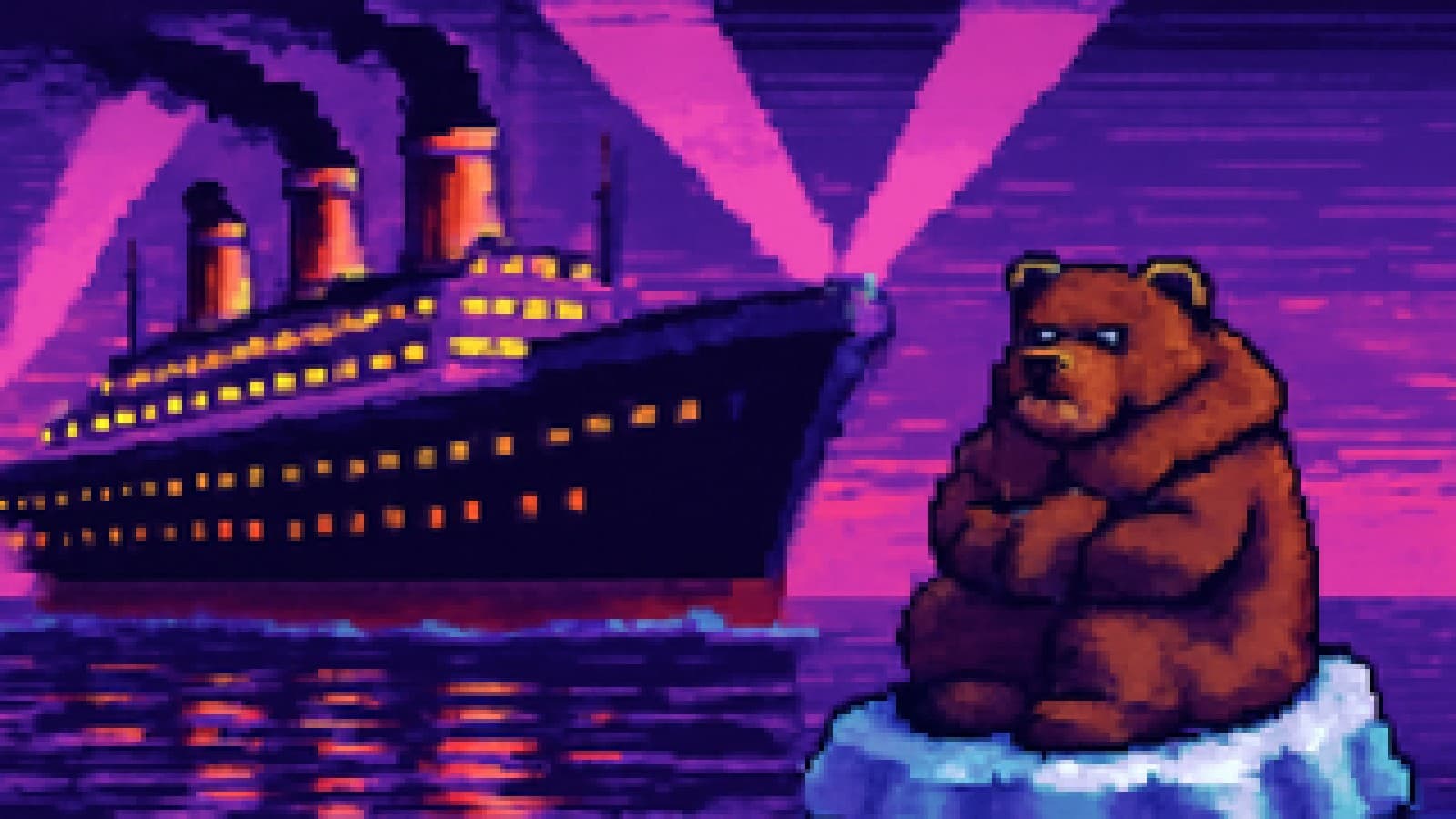 pixel art of a glowing ocean liner at night passing a sulking bear on an iceberg