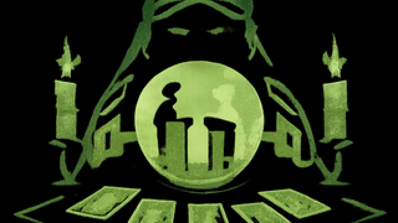 Pixel-art crystal ball on a velvet table showing two shadowy podium figures, surrounded by candles and tarot cards.